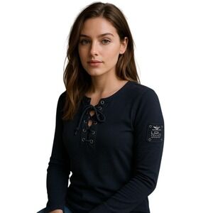 Lauren Ralph Lauren Jeans Co Navy Lace-Up Henley Shirt Vintage Inspired Style PM